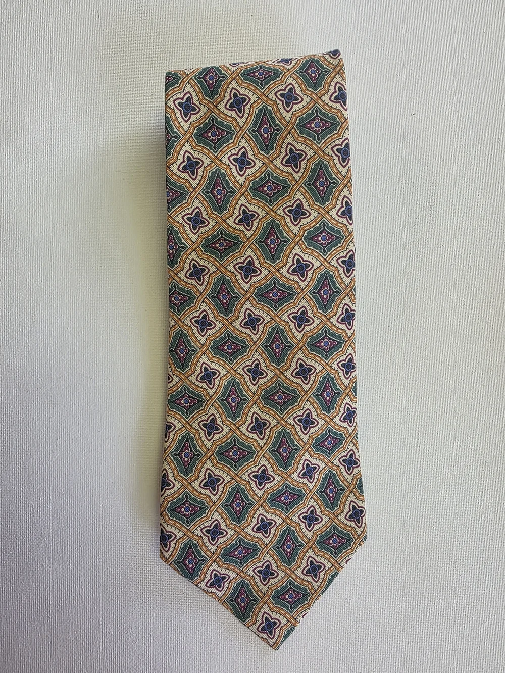 Polo By Ralph Lauren Handmade Geometric Pattern Silk/cottonTie in Green and Gold